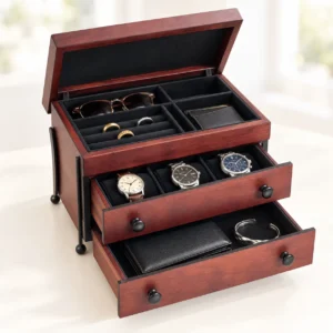 Wood Jewelry Box 10 Inch Mens Valet Organizer 2 Drawers Brown Metal Fabric Lined